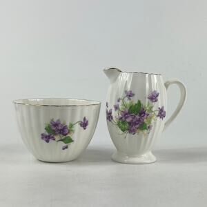 Vintage Radfords Bone China Creamer Sugar Bowl Set Purple Violets Floral England
